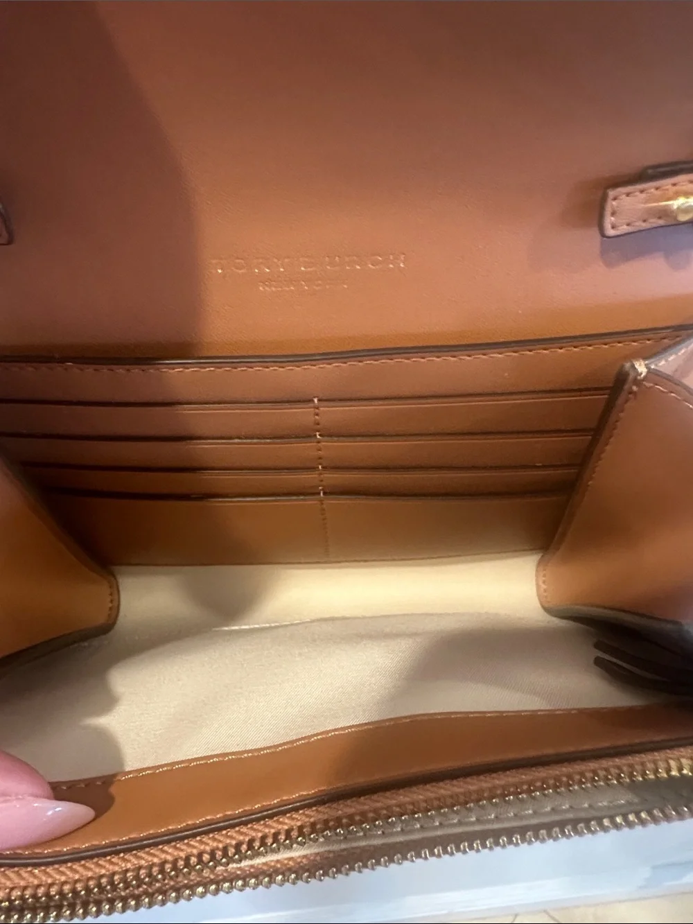 Tory Burch Brown and Cream Crochet Chain Crossbody
